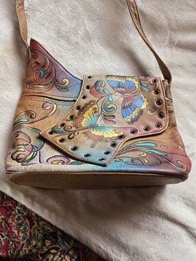 Anuschka Hand-Painted Butterfly Crossbody in Multicolor Pastels